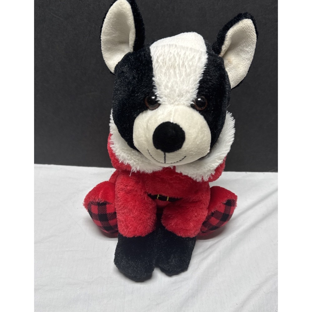 Walmart Boston Terrier Dog Plush Black 9.5" Santa Suit Christmas Buffalo plaid